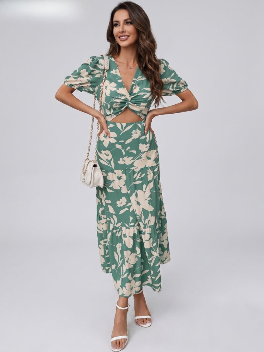 Women Floral Twist Front Cut Out Maxi Dress Ruffle Summer Beach Boho Chic - Picture 3 of 5